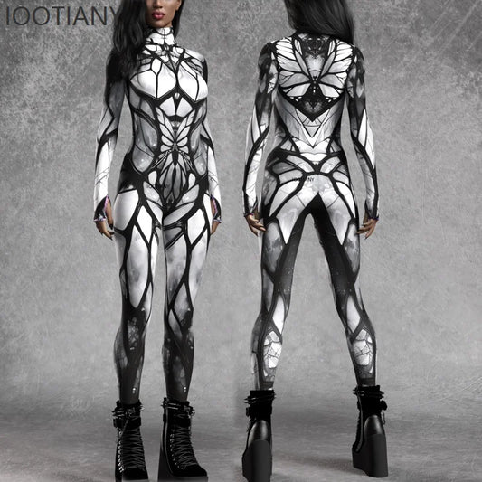 Iootiany Women's Multicolor Printed Carnival Festival Party Wear Sexy Robot Bodysuit Cosplay Horror Costume Stretch Tights Set