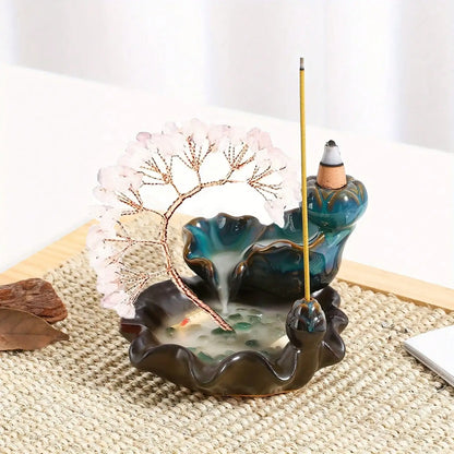 1pc Natural Crystal Seven Chakra Gravels a ceramic 7 flowing backflow cones featuring Phoenix Tail Lucky Tree Healing Gemstone O