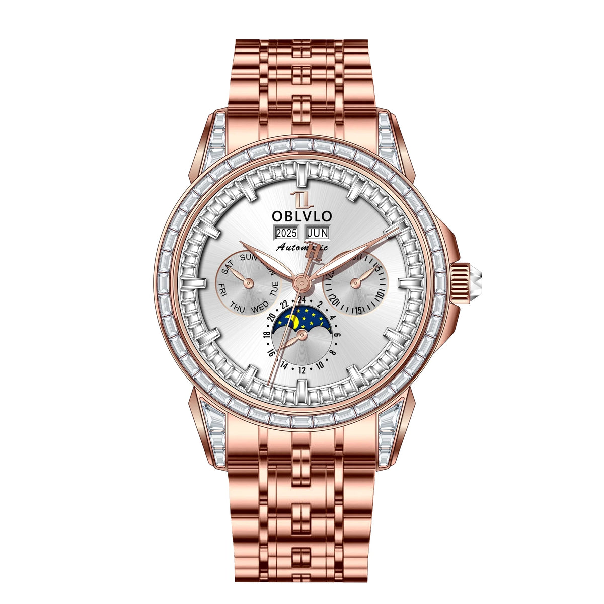 OBLVLO Men's Multifunctional Mechanical Watch with Colorful Zircon Moonphase Elegant Rose Gold Bracelet Band GCM-MUT