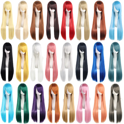 80cm Long Synthetic White Purple Cosplay Wigs Green Hair Straight Silver Wig Pink Hairpiece Lolita Wig with Bangs