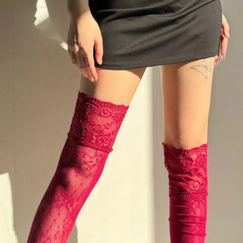 Women's Sexy Lace Floral Fishnet Stockings Costumes JK Lolita Thigh High Socks Nylon Mesh Breathable Over The Knee Stockings