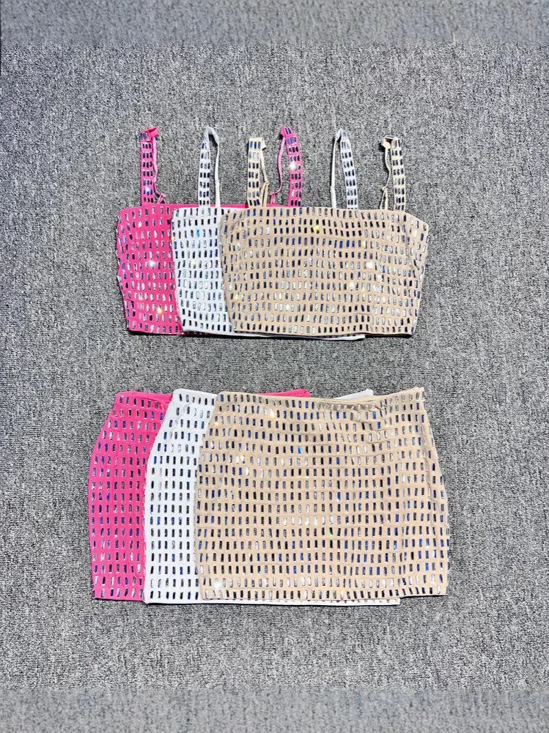 2025 Women Sexy Sleeveless Diamonds Pink Midi Bodycon Two Pieces Skirt Bandage Set  Celebrity Designer Fashion Women's Set