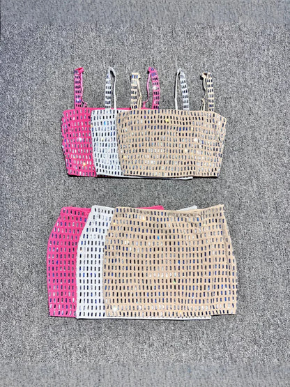 2025 Women Sexy Sleeveless Diamonds Pink Midi Bodycon Two Pieces Skirt Bandage Set  Celebrity Designer Fashion Women's Set