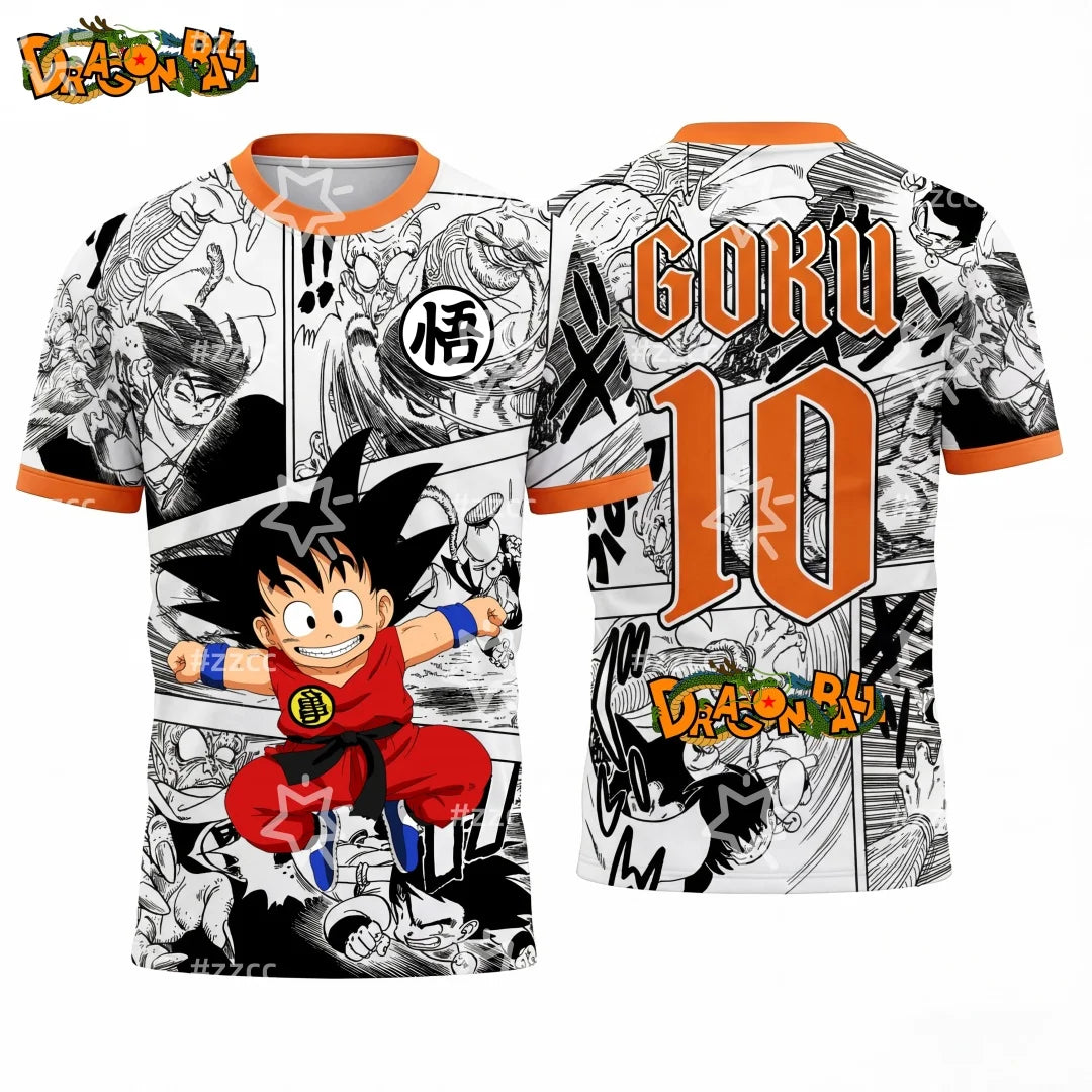 2026 Summer Dragon Ball Kid Goku #10 Soccer Jersey, 3D Manga Print Breathable Polyester Oversized Tee for Men Women Kids Y2k