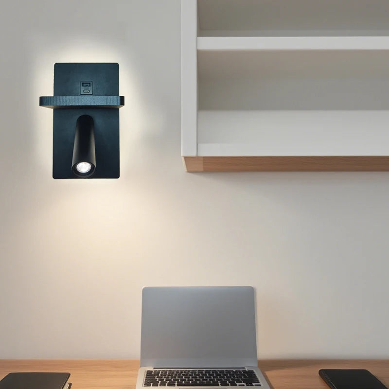 Wireless Charging Wall Light Sleek Black Modern Wall Sconce Adjustable Spotlight for Bedroom Living Room Corridor Home Decor