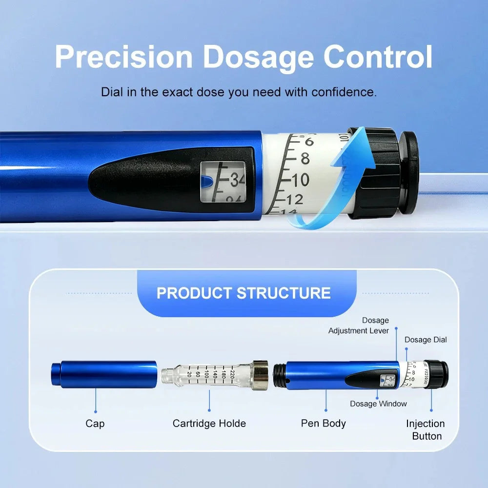 Reusable Injection Pen Peptide Pen,Insulin Pen Reusable Adjustable Dose Cartridge Subcutaneous Injector Medical Durable Precise