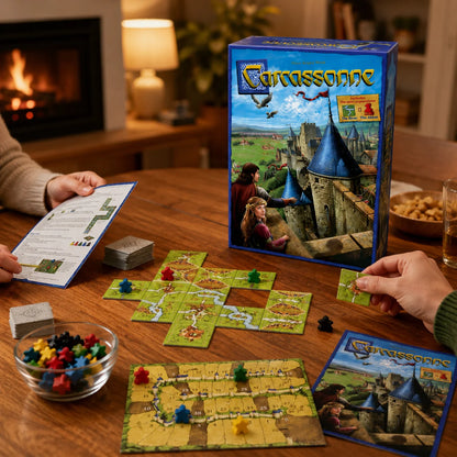 Carcassonne Tile Placement Board Game 48PCS Medieval City Strategy Game with Meeples Scoreboard English Version