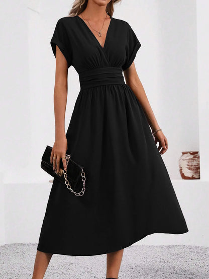 Woman Summer Solid-Color V-Neck Batwing-Sleeve Pleated Long Elegant Dress Woman Clothing Tops Skirts Y2k Clothes