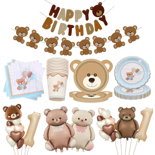 Brown Teddy Bear Disposable Tableware Teddy Bear Party Napkins Plates Cups Kids Teddy Bear Birthday Party Decoration Baby Shower