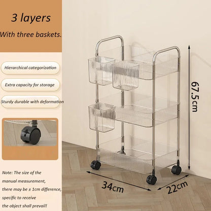 2/3/4Layers Light Luxury Storage Rack Trolley Transparent Acrylic Rolling Cart With Removable Hanging Baskets Snacks Bookshelf