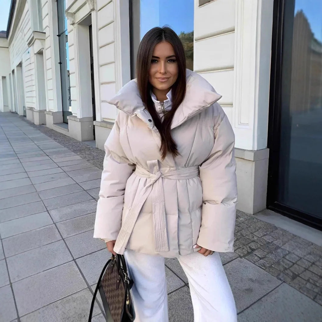 Zekye Down Jacket Warm Waist-cinching Long-sleeve Tied-waist Loose Solid-color Fashionable Women's Winter Jacket Lightweight