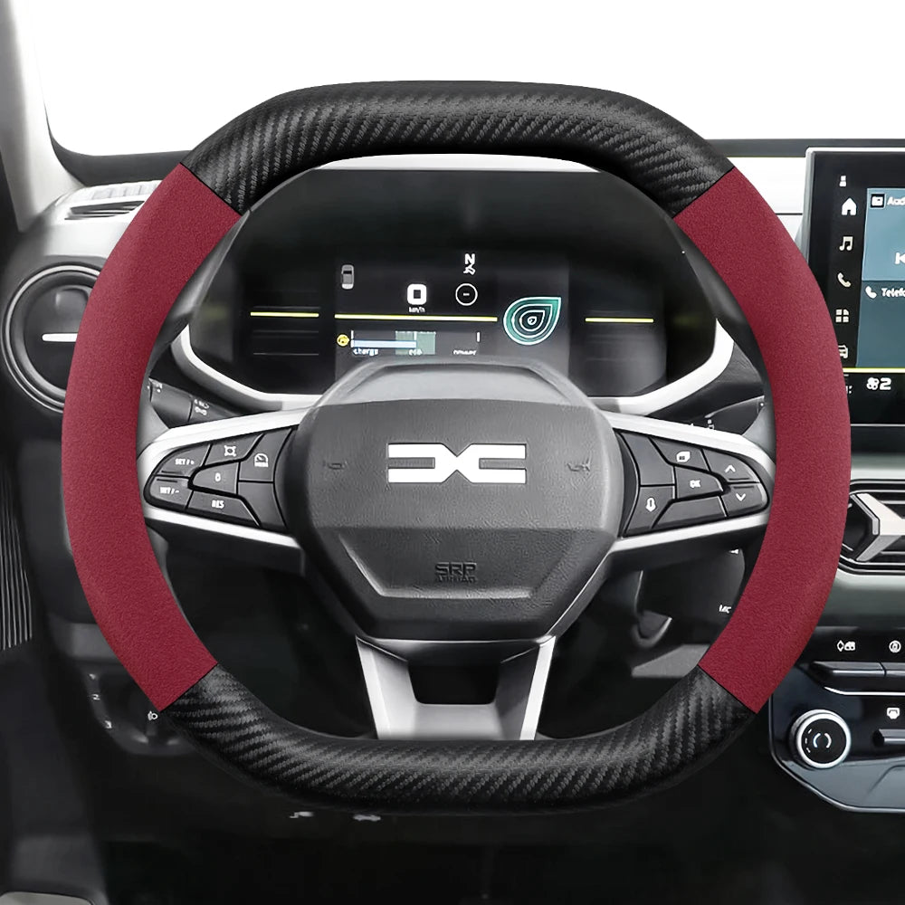 Suitable for Dacia Suede Matte Carbon Fiber Texture Steering Wheel Cover, Suitable for Models Such as Sandero Stepway, Duster, Jogger, Bigster, Spring, Electric, Cargo, Logan, Etc., Black Mocha Car Accessories
