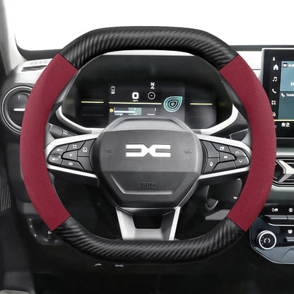 Suitable for Dacia Suede Matte Carbon Fiber Texture Steering Wheel Cover, Suitable for Models Such as Sandero Stepway, Duster, Jogger, Bigster, Spring, Electric, Cargo, Logan, Etc., Black Mocha Car Accessories
