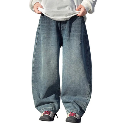 5-14Y Boys Jeans 2026 New Wide Straight Leg Denim Pant Children's Spring Autumn Big Children's Handsome Cotton Sports Pants