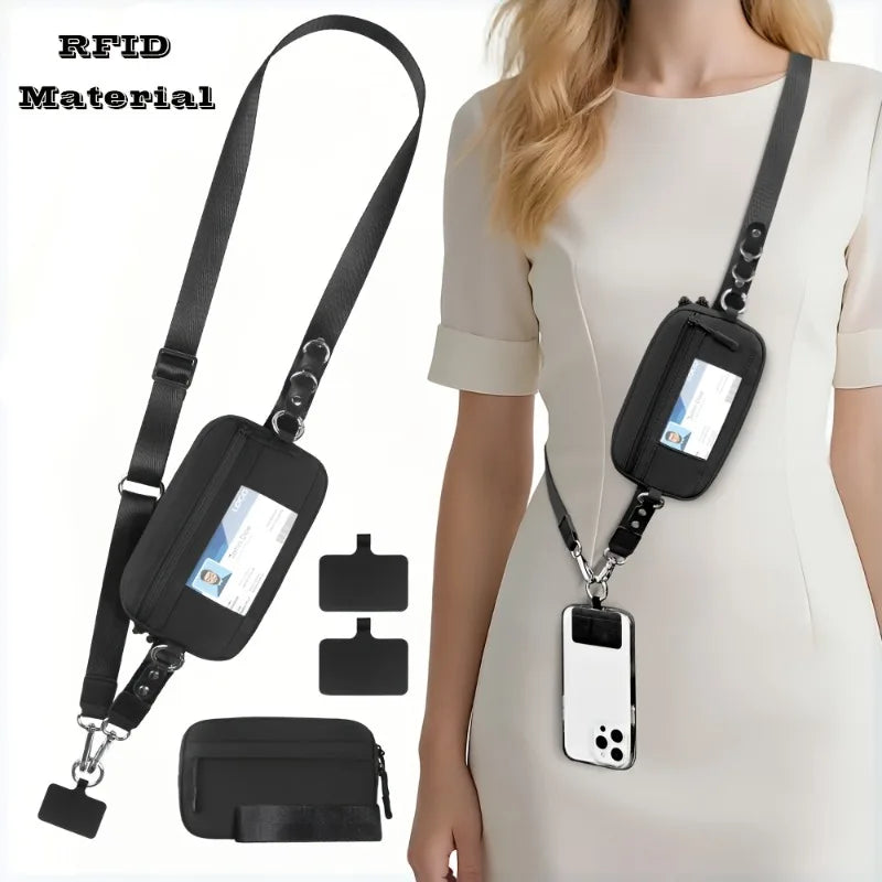 Trend Stripes Diagonal Cross Mobile Phone Lanyard Strap with Multifunctional Wallet Portable Storage Bag for Travel Anti Loss