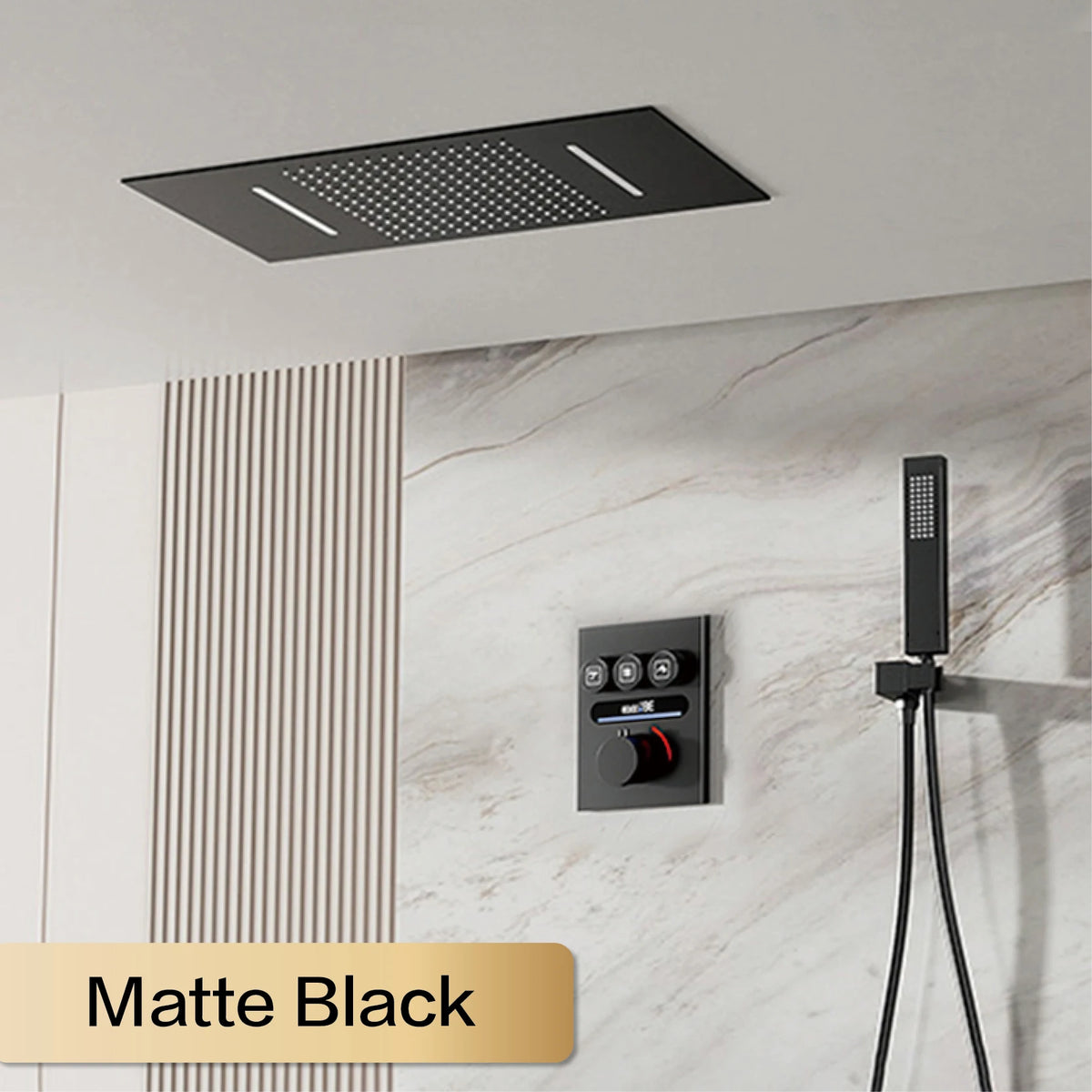 Luxury Black Brass Thermostatic Shower System Wall Mounted Design Hot & Cold Water Bathroom Ceiling LED Digital Display Faucet