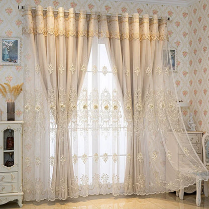 1pc Double Layer Luxury Embroidered Curtain, Light Blocking Sheer & Blackout Drape, Elegant Atmosphere Decor for Bedroom Living