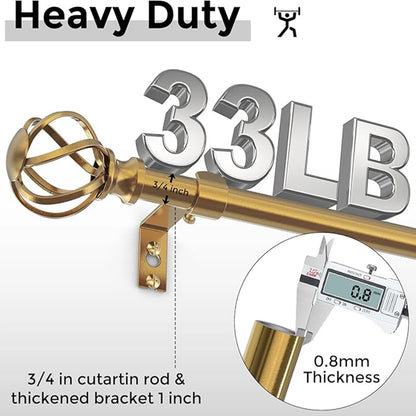 1PC Gold Curtain Rod with Twisted Cage Finials, 3/4" Adjustable Heavy Duty Window Treatment Rods for Living Room, Bedroom