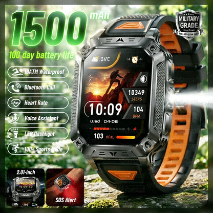 1500mAh military grade smart watch with SOS alert, 100 days battery life, 10ATM waterproof, Bluetooth call, LED flashlight.