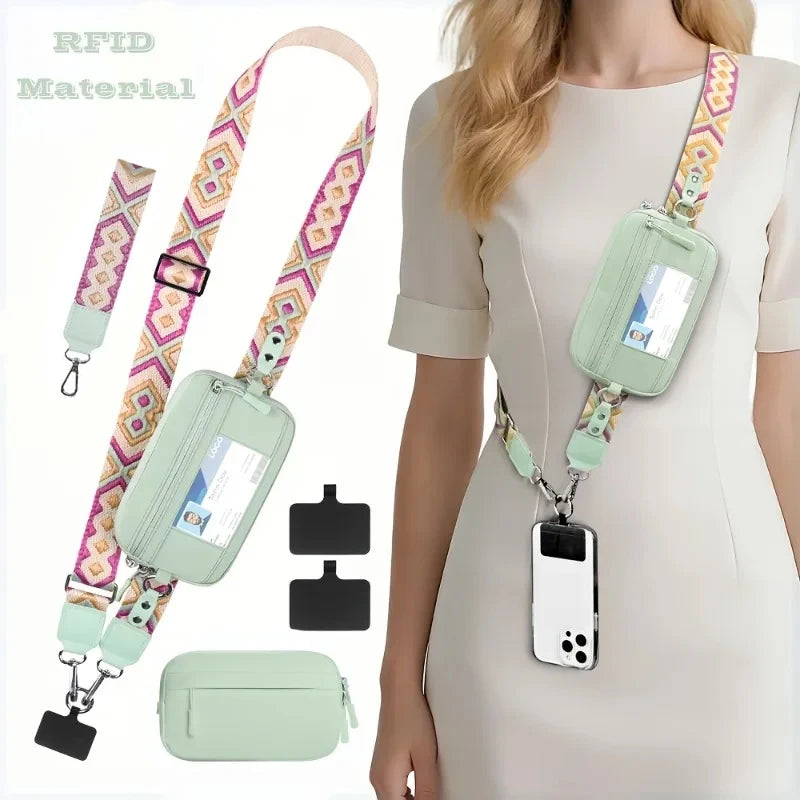 Trend Stripes Diagonal Cross Mobile Phone Lanyard Strap with Multifunctional Wallet Portable Storage Bag for Travel Anti Loss
