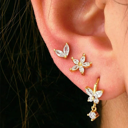 3PCS Stainless Steel Gold Color Circle Hoop Earrings Set for Women Simple Zircon Flower Stud Earring Cartilage Piercing Jewelry