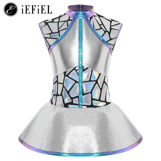 Girls Shiny Alien Outerspace Halloween Cosplay Costume Sleeveless Mock Zip Neck Tutu Dance Dress for Future World Party