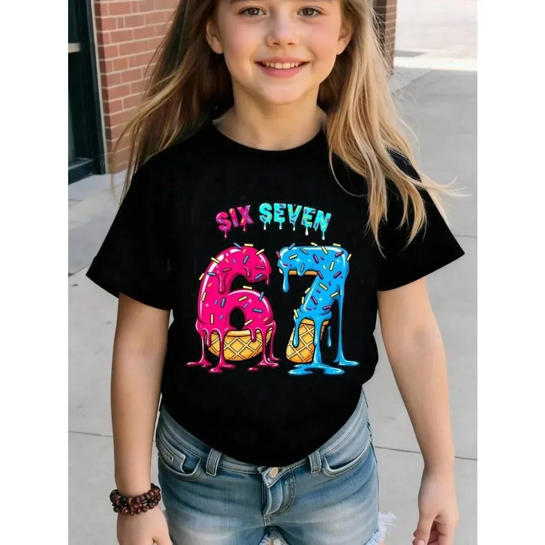 Children's 67 Christmas Elf Print Girls Short Sleeve Round Neck Tee Parties Casual Wear Comfort Children Clothes Girl Clothing