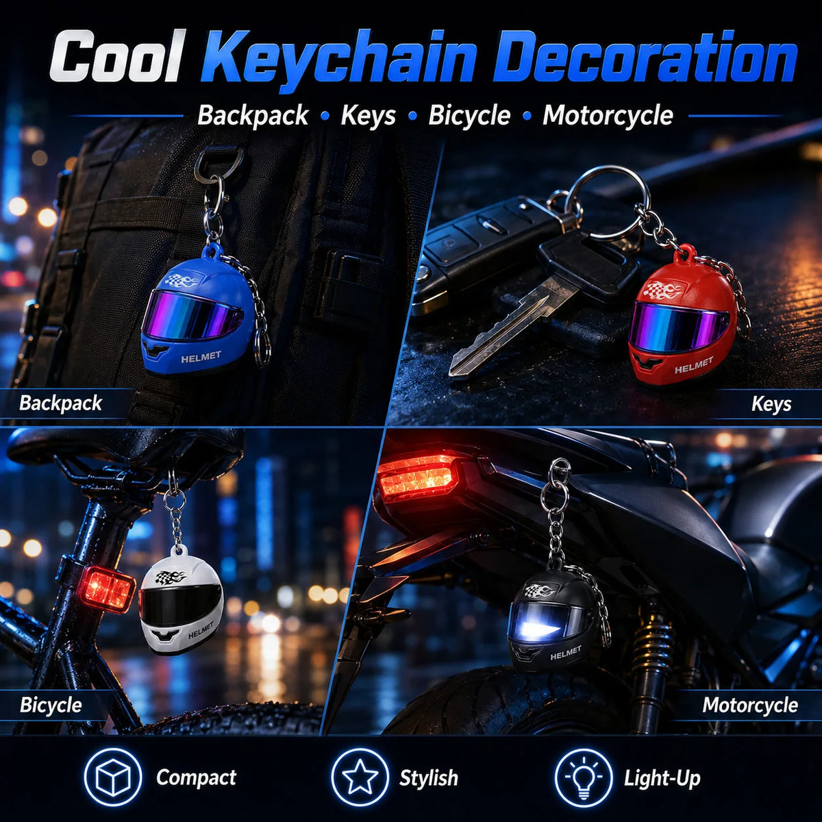 Cool Motorcycle Helmet Keychain with Light Creative Mini Helmet Key Chain for Bags and Keys, Night Warning Light