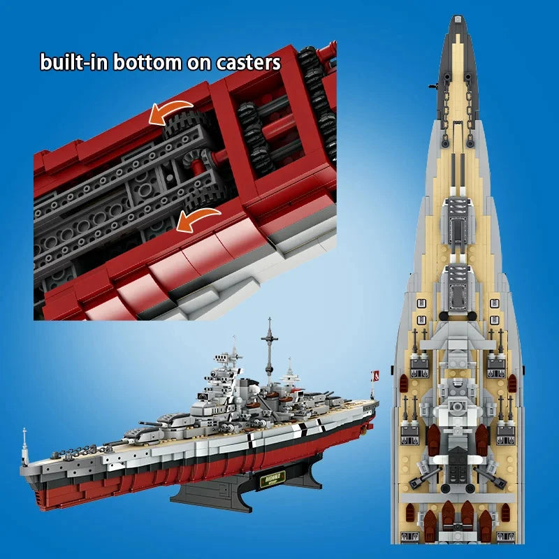 2081pcs Military WW2 Bismarck Battleship Large Boat Cruiser Model Weapon Building Blocks MOC Warship Set Toys for Children Gifts
