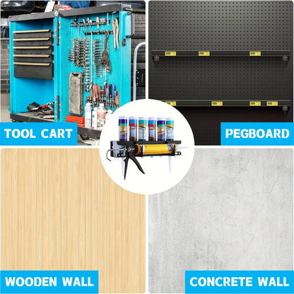 Caulking Gun Storage Rack, Sealant Tube Holder - Wall-Mounted Organizer with Recessed Shelf, Holds 6 Tubes & Nozzles for Garage