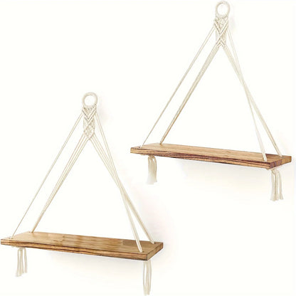 2pcs, Handmade Woven Hangers, Bohemian Wall Decor Wooden Floating Storage Shelves, Display Racks for Hanging Plants And Photos