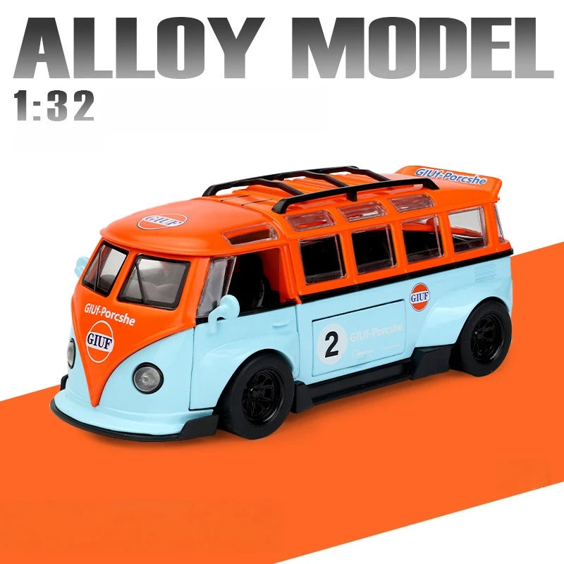 1/32 Volkswagen T1 Minibus Samba JDP Modified Toy Car For Children Diecast Miniature Model Sound & Light Collection Gift Boys