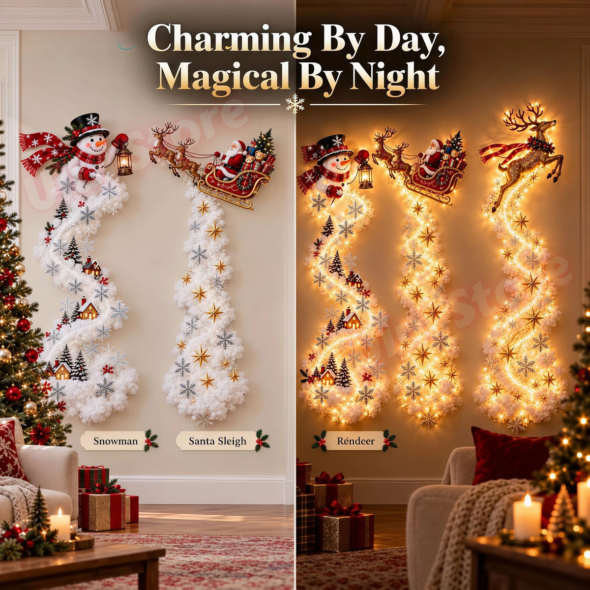 Christmas Magic Trail Wall Light-LED Glowing Christmas Scene Wall Decoration,Santa Sleigh Reindeer Hanging Decoration for Party