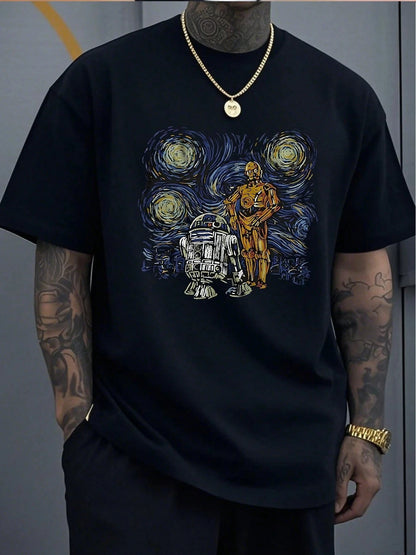 Men's Round Neck Short Sleeve T Shirt Star Wars Droids Graphic Digital Print Tee Van Gogh Starry Night Theme Casual Tee Summer