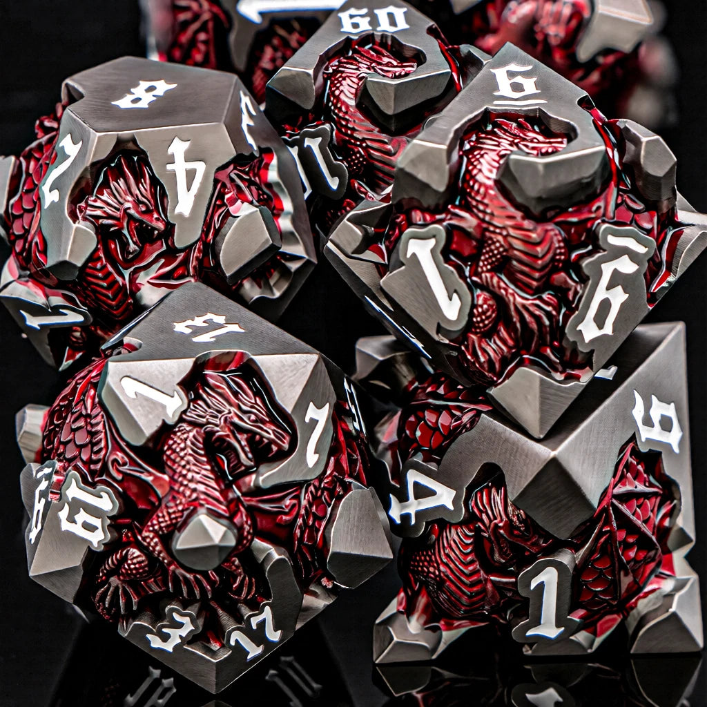 Dragon DND Metal Dice Set D6 D&D Dungeon and Dragon Pathfinder Table Role Playing Game Black Red RPG Polyhedral D20 D and D Dice