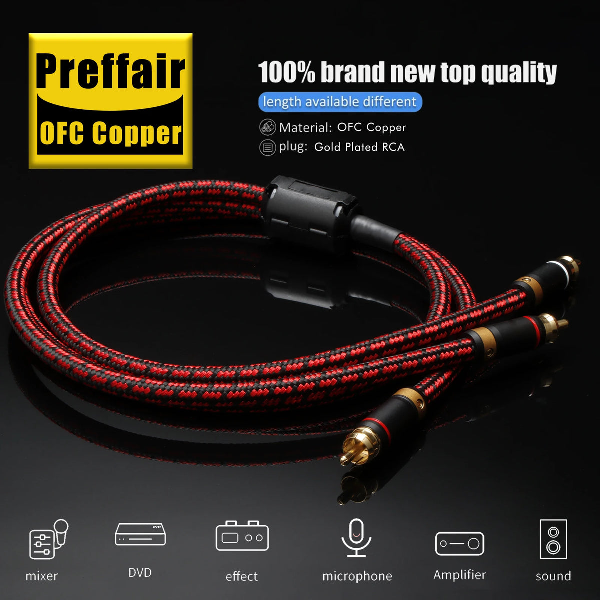Preffair OFC Copper HIFI Audio Cable Single RCA to Dual RCA Subwoofer Splitter Y Cable Pure Copper for Enhanced Sound Quality