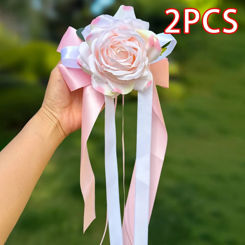 2pcs Artificial Rose Decor Flower with Suction Cup for Wedding Car Rearview Mirror Decor Ceremony Chair Back Floral Reception