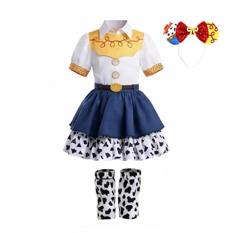 2026 Cool Girl Western Cowgirl Suit Double Layer Cow Print Skirt With Leg Warmers Kid Toy Party Movie Costume Fancy Jessie Dress