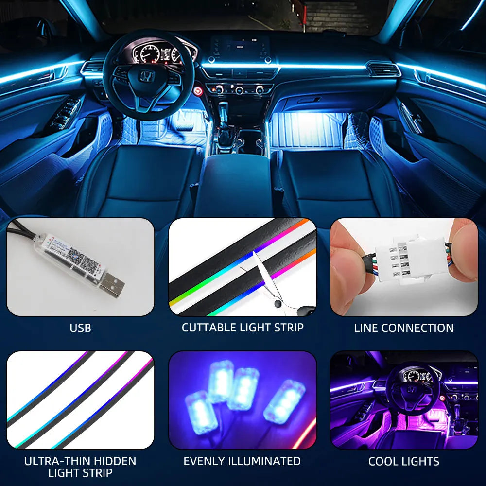 10 in 1 Car Interior Acrylic LED Ambient Lights 140cm 110cm For Tesla USB APP Remote Control RGB Symphony Atmosphere Lamp