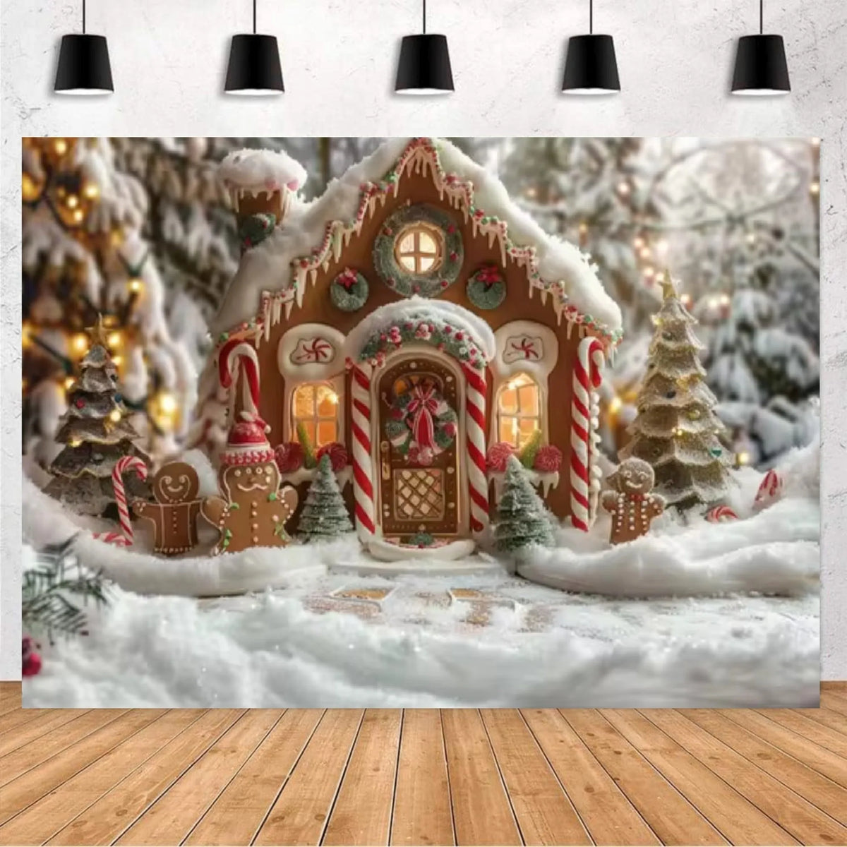 Gingerbread House Christmas Hanging Cloth: Sweet Ginger Man & Christmas Fairy Tale with Dreamy Snow Scenery Background cloth