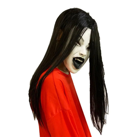Latex Mask Scary Woman Masks Realistic Long Hair Halloween Decoration Black Hair Ghostface Design Witch Headpiece Ghost House