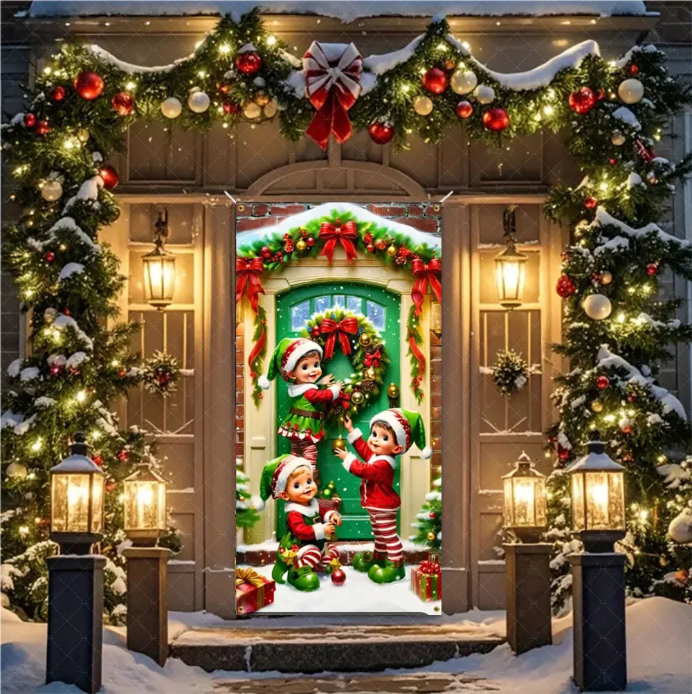 Christmas Theme Santa And Elk Backdrops Snowman Hanging Door Banner Indoor Outdoor Veranda Xmas Curtain Cover Festive Supplies
