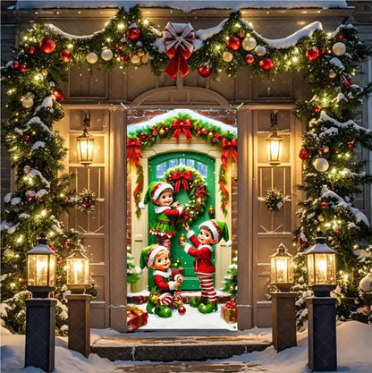 Christmas Theme Santa And Elk Backdrops Snowman Hanging Door Banner Indoor Outdoor Veranda Xmas Curtain Cover Festive Supplies