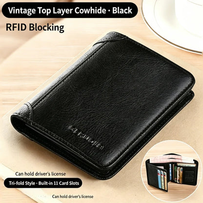 Genuine Leather Men's Wallets RFID Blocking Trifold Business Short Purse Wallet for Men with ID Window and Credit Card Holder