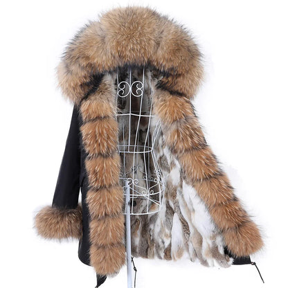 2026 Maomaokong Women's Winter Coats Rabbit Lining Jacket Natural Real Raccoon Fur Collar Parka Fox Fur Long Female Clothing
