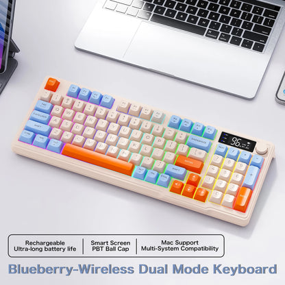 FREEWOLF M96 Wireless Dual Mode Gaming Keyboard with Smart Screen, 96-Key PBT RGB Backlight, Bluetooth, Media Knob, Ergonomics
