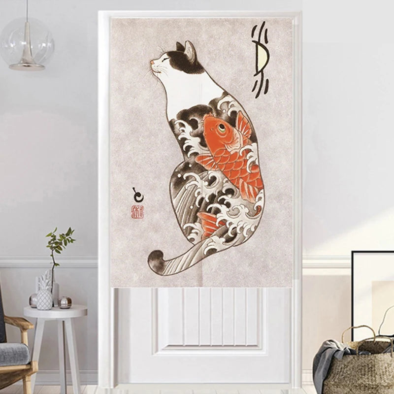 Japanese Ukiyo-e Tattoo Cat Noren Door Curtain Printed Doorway Curtain Kitchen Bedroom Entrance Decoration Hanging Half-Curtains