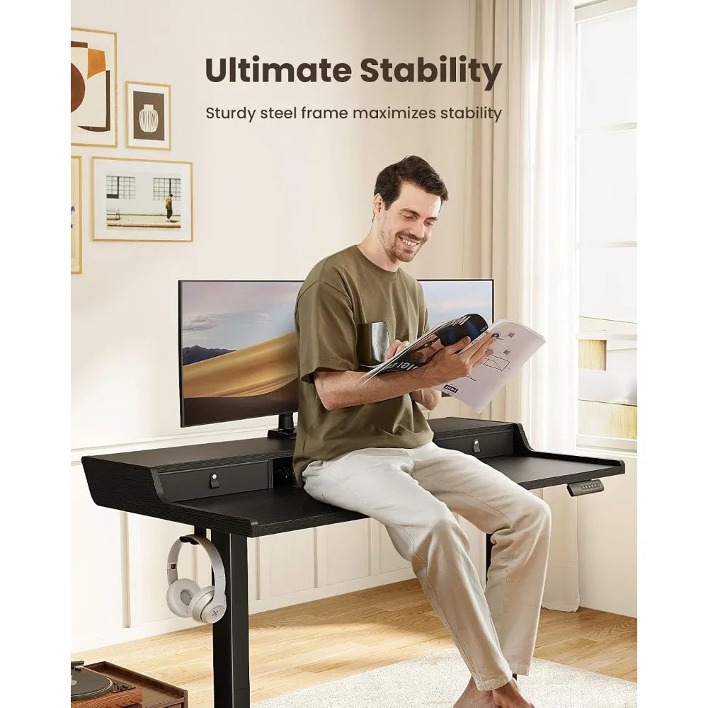 Electric Standing Desk With Drawers, Gaming Table Compatible, Height-Adjustable Desk With Storage, 4 Preset Heights