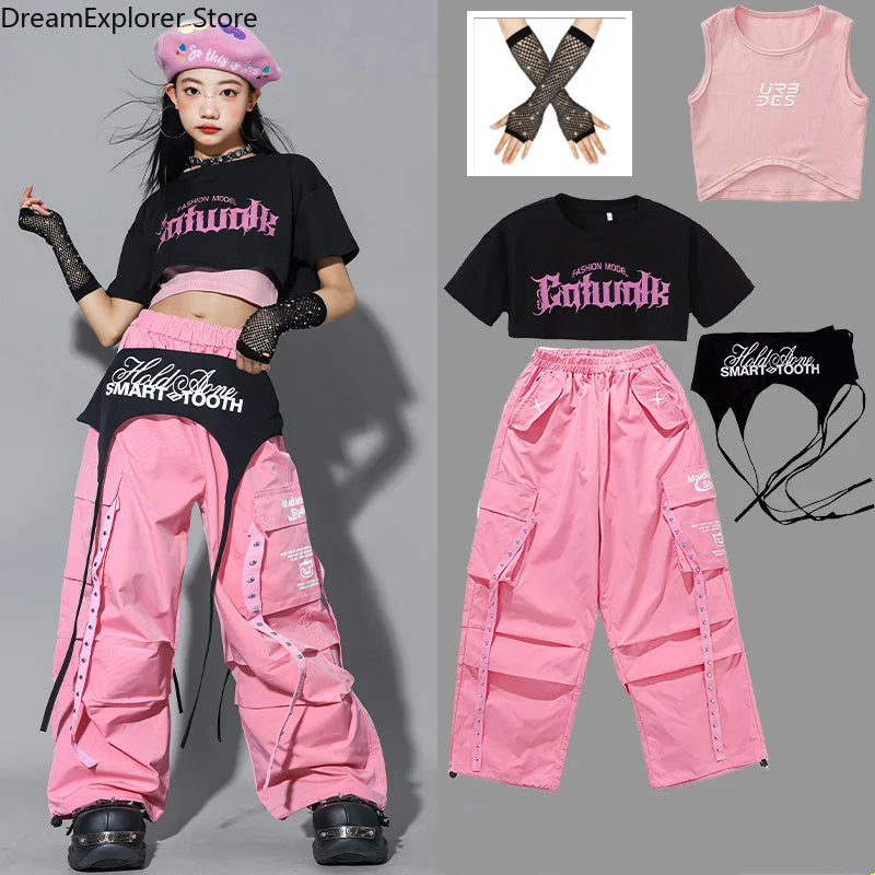 Girls K-pop Crop Top Street Dance Tiered Skirt Cargo Pants Children Costume Kids Hip Hop Streetwear Jazz Girl Group Clothes Sets