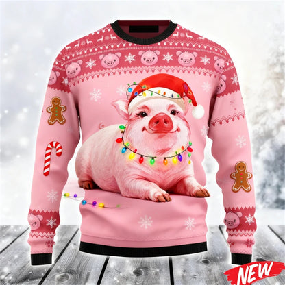 2026 Ugly Christmas Sweater For Men Cute Animal Pig Pattern Oversized Sweatshirt Family New Year Holiday Round Neck Hoodie